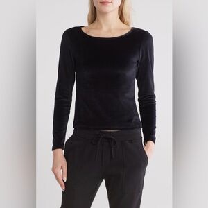JAMES PERSE Scoop Neck Long Sleeve Stretch Velvet Top- Black (Size 2)